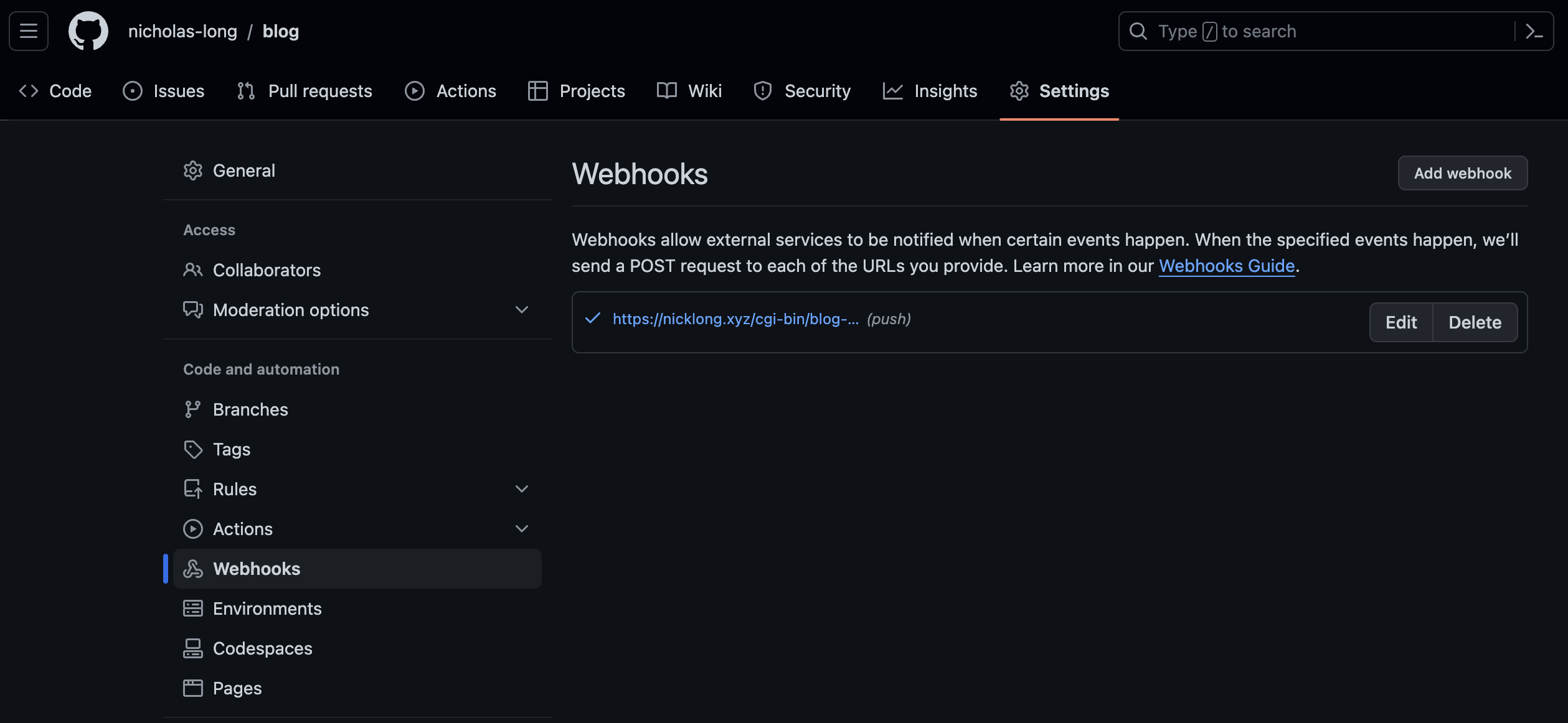 github webhook interface screenshot