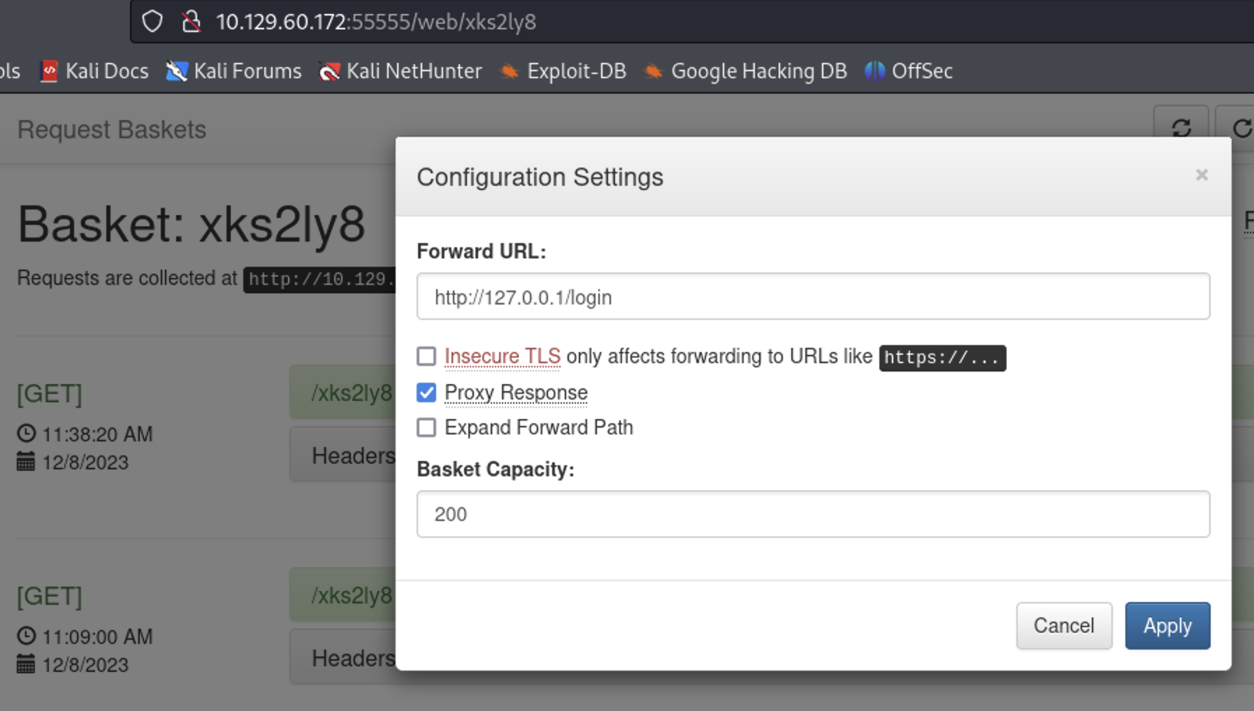 screenshot of configuring SSRF