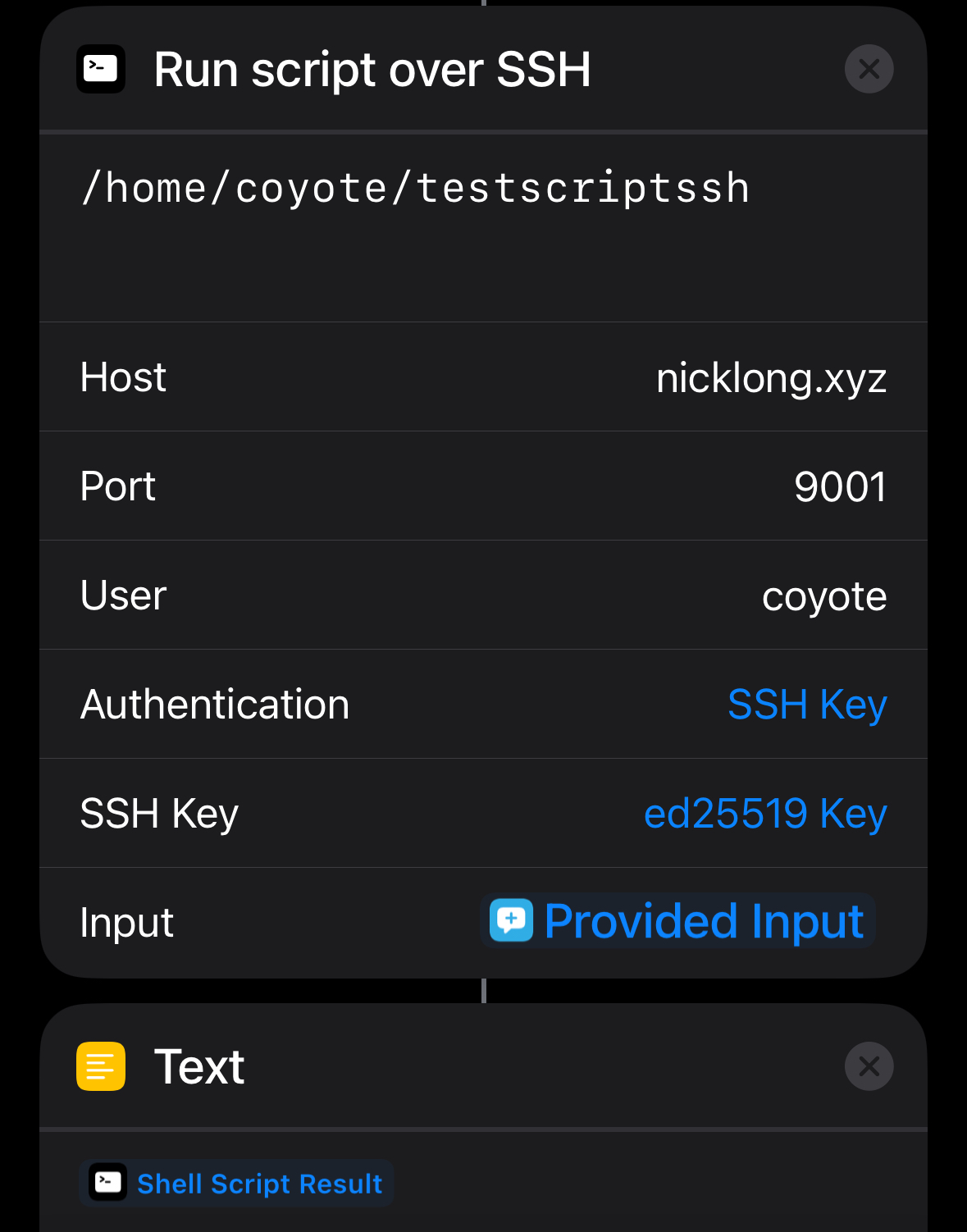 image of SSH step in shortcuts app